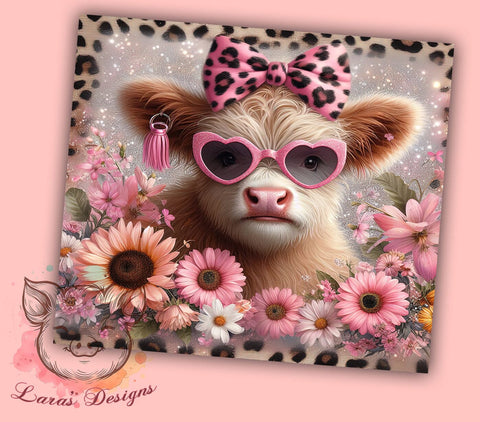 Pink Sunflowers Baby Highland Cow 20oz Tumbler Png, Straight & Tapered Tumbler Png, Pink Floral Tumbler Png, Digital Download PNG Sublimation Lara' s Designs 