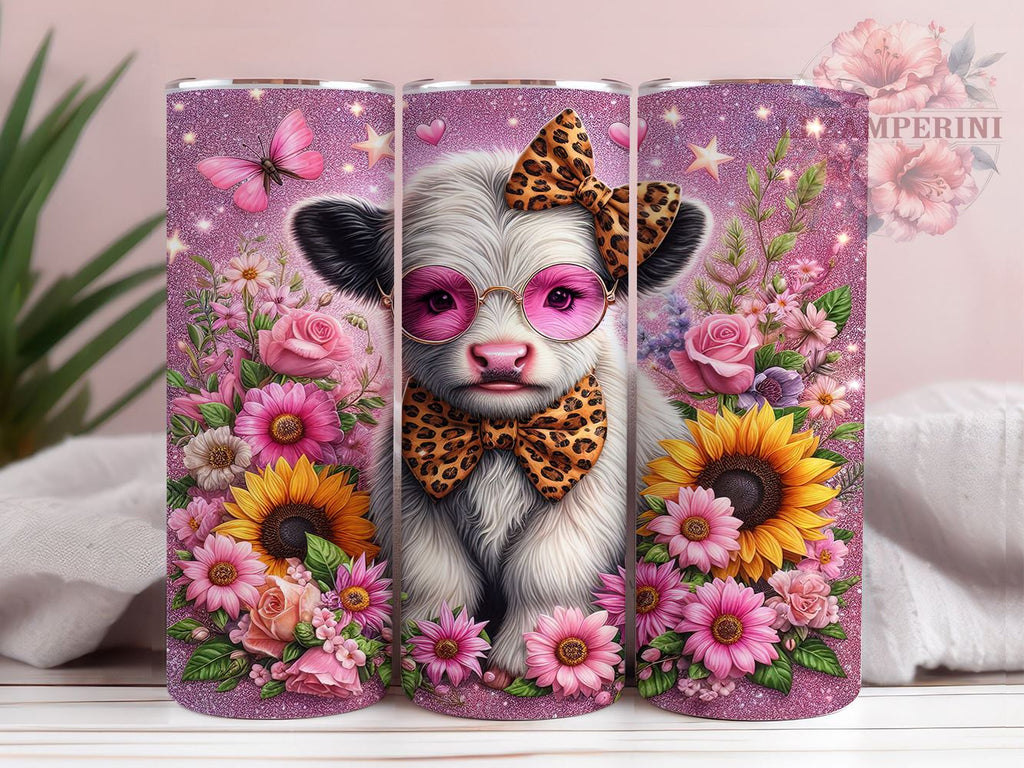 Pink Sunflowers Baby Highland Cow 20oz Tumbler Wrap PNG, Cute Baby ...