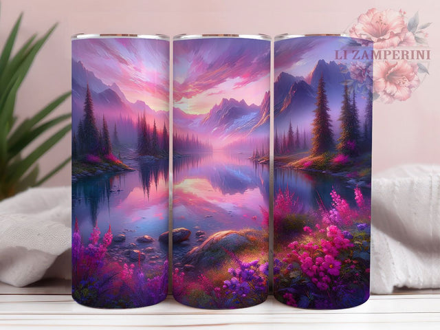 Pink Sunset Mountain Lake Tumbler, Lake Landscape Gift, Nature Design, Pink Sunset Wrap, Outdoor Adventure, Scenic Tumbler Art, Mountain Lover Gift Sublimation Li Zamperini 