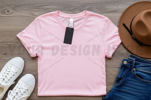 Pink t-shirt mockup design with accessories Mock Up Photo Regulrcrative 