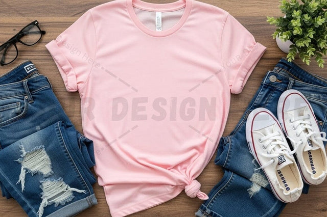 Pink t-shirt mockup design with casual outfit Mock Up Photo Regulrcrative 
