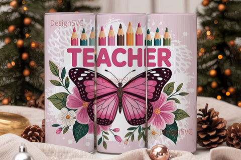 Pink Teacher Butterfly 20oz Tumbler Wrap Sublimation DesignSVG 