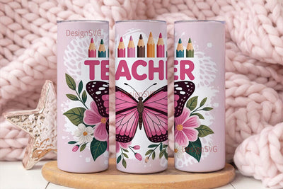Pink Teacher Butterfly 20oz Tumbler Wrap Sublimation DesignSVG 