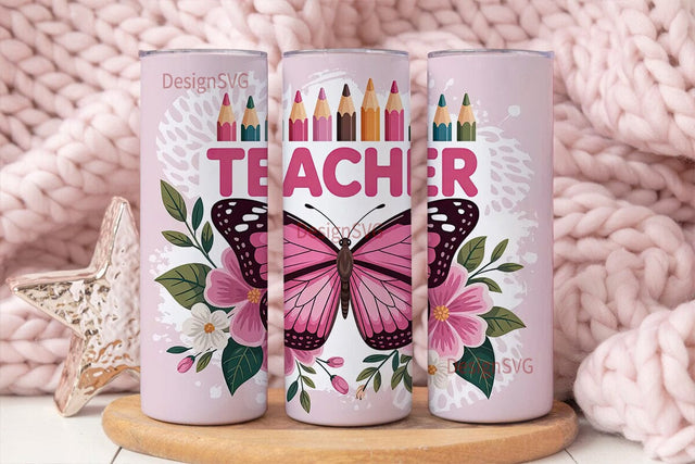 Pink Teacher Butterfly 20oz Tumbler Wrap Sublimation DesignSVG 