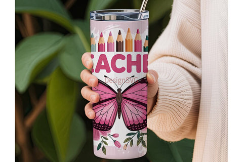 Pink Teacher Butterfly 20oz Tumbler Wrap Sublimation DesignSVG 