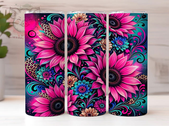 Pink Teal Airbrush Sunflower 20oz Tumbler, Pink Accent, Teal Highlight, Airbrush Style, Sunflower Motif, Sublimation Wrap, 20oz Tumbler, Whimsical Charm Sublimation Lara' s Designs 