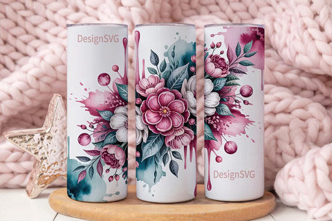 Pink & Teal Floral 20oz Tumbler Wrap Sublimation DesignSVG 