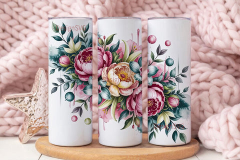 Pink & Teal Floral 20oz Tumbler Wrap Sublimation DesignSVG 