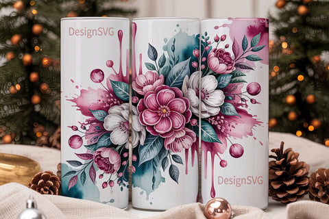 Pink & Teal Floral 20oz Tumbler Wrap Sublimation DesignSVG 