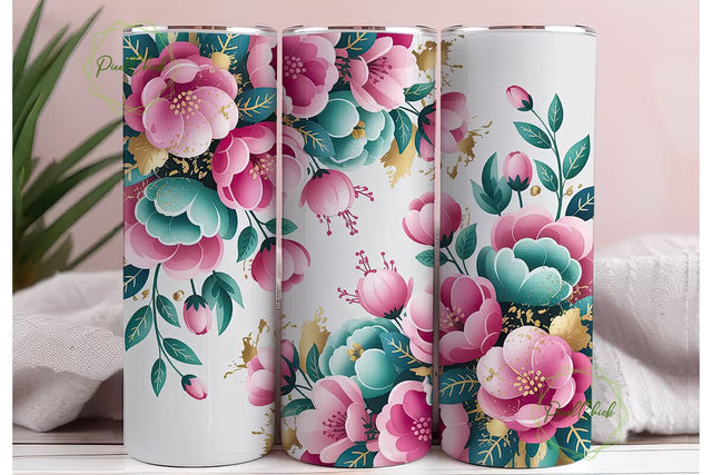 Pink & Teal Floral 20oz Tumbler Wrap Sublimation PixelChick 