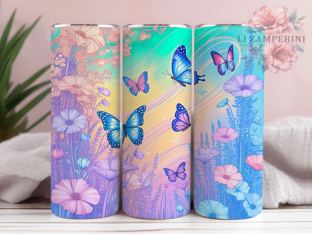 Pink Teal Glitter Butterfly Tumbler, Wildflower Glitter Design, Butterfly Tumbler Art, 20Oz Sublimation Wrap, Pink Teal Floral Print, Glitter Wildflower Pattern, Tumbler Sublimation Sublimation Li Zamperini 