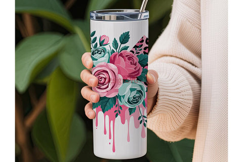 Pink & Teal Rose 20oz Tumbler Wrap Sublimation DesignSVG 