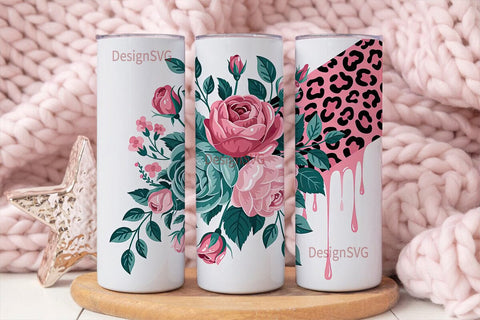 Pink & Teal Rose 20oz Tumbler Wrap Sublimation DesignSVG 