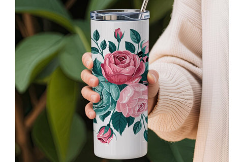 Pink & Teal Rose 20oz Tumbler Wrap Sublimation DesignSVG 