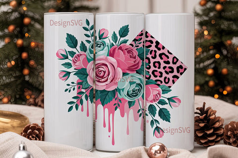 Pink & Teal Rose 20oz Tumbler Wrap Sublimation DesignSVG 