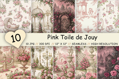 Pink Toile de Jouy Digital Paper, Seamless Watercolor Floral Pattern, Pack Printable Scrapbook Paper, Blush Rose Feminine Design Bundle Digital Pattern FloridPrintables 