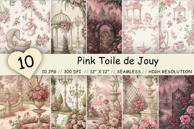 Pink Toile de Jouy Digital Paper, Seamless Watercolor Floral Pattern, Pack Printable Scrapbook Paper, Blush Rose Feminine Design Bundle Digital Pattern FloridPrintables 