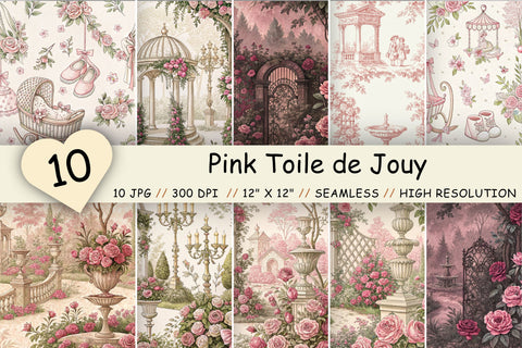 Pink Toile de Jouy Digital Paper, Seamless Watercolor Floral Pattern, Pack Printable Scrapbook Paper, Blush Rose Feminine Design Bundle Digital Pattern FloridPrintables 