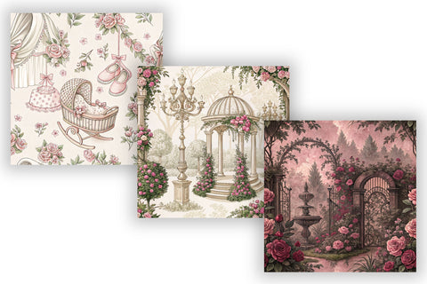 Pink Toile de Jouy Digital Paper, Seamless Watercolor Floral Pattern, Pack Printable Scrapbook Paper, Blush Rose Feminine Design Bundle Digital Pattern FloridPrintables 