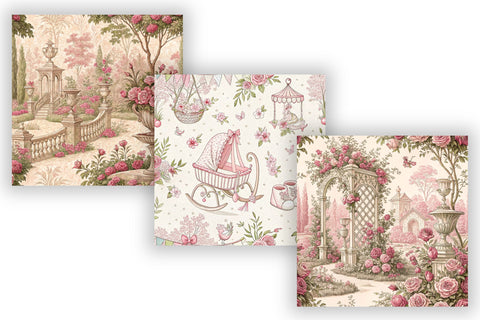 Pink Toile de Jouy Digital Paper, Seamless Watercolor Floral Pattern, Pack Printable Scrapbook Paper, Blush Rose Feminine Design Bundle Digital Pattern FloridPrintables 