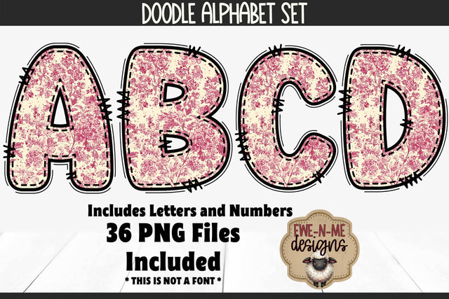 Pink Toile Doodle Alphabet Numbers | Chinoiserie PNG Letters Sublimation Ewe-N-Me Designs 