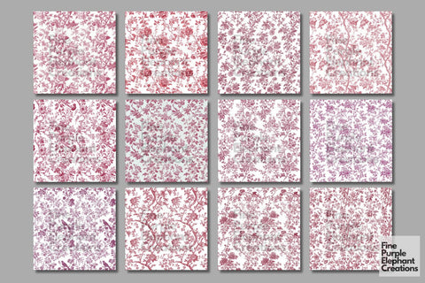 Pink Toile Elegance Digital Paper - Delicate Flower Garden Chinoiserie Digital Pattern Fine Purple Elephant Creations 