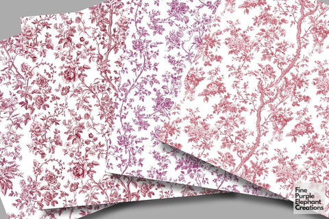 Pink Toile Elegance Digital Paper - Delicate Flower Garden Chinoiserie Digital Pattern Fine Purple Elephant Creations 