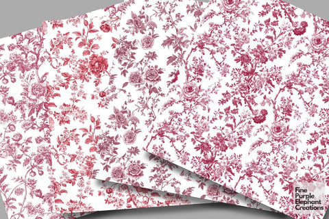 Pink Toile Elegance Digital Paper - Delicate Flower Garden Chinoiserie Digital Pattern Fine Purple Elephant Creations 