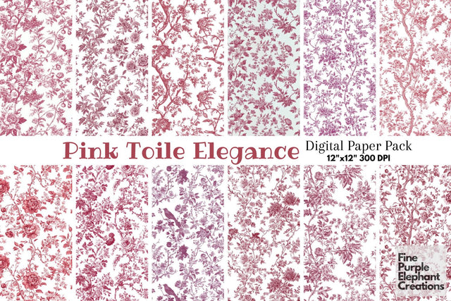 Pink Toile Elegance Digital Paper - Delicate Flower Garden Chinoiserie Digital Pattern Fine Purple Elephant Creations 