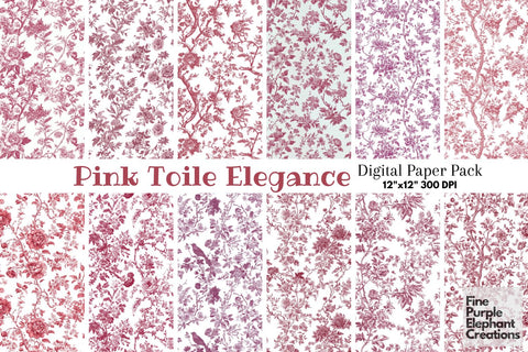 Pink Toile Elegance Digital Paper - Delicate Flower Garden Chinoiserie Digital Pattern Fine Purple Elephant Creations 
