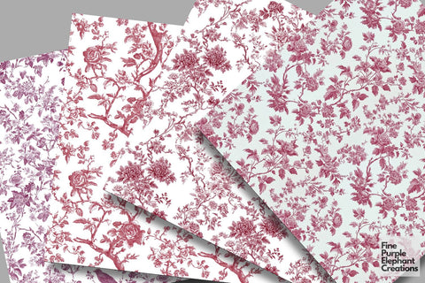 Pink Toile Elegance Digital Paper - Delicate Flower Garden Chinoiserie Digital Pattern Fine Purple Elephant Creations 