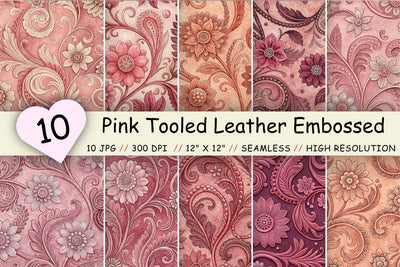 Pink Tooled Leather Embossed Cowboy, Seamless Digital Paper Bundle, Printable Scrapbook Paper, Western Floral Design Collection Digital Pattern FloridPrintables 