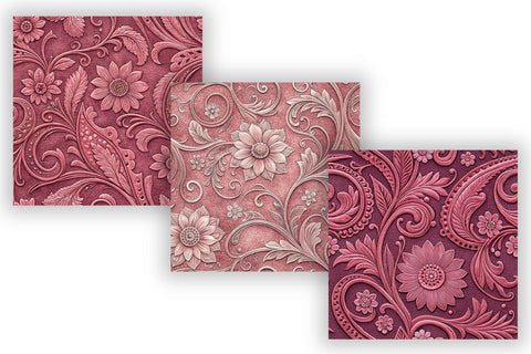 Pink Tooled Leather Embossed Cowboy, Seamless Digital Paper Bundle, Printable Scrapbook Paper, Western Floral Design Collection Digital Pattern FloridPrintables 