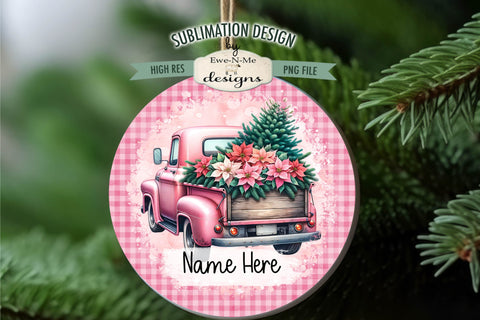 Pink Truck Christmas Ornament Designs | 4 PNG Files Add Name Sublimation Ewe-N-Me Designs 