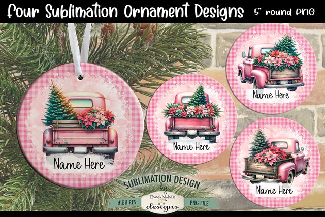 Pink Truck Christmas Ornament Designs | 4 PNG Files Add Name Sublimation Ewe-N-Me Designs 