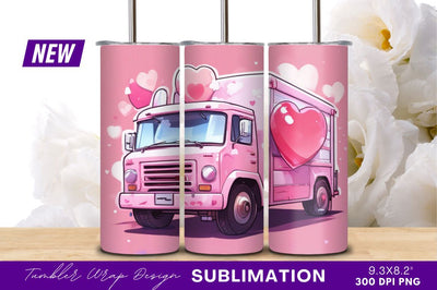 Pink Truck Delivering Love Cartoon Style Illustration Sublimation Regulrcrative 