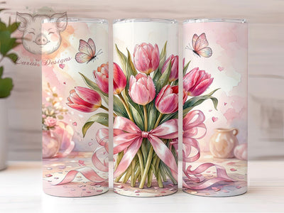 Pink Tulip Bows 20oz Tumbler, Pink Tulip, Floral Design, Charming Bows, Romantic Aesthetic, Whimsical Style, 20oz Wrap, Sublimation Tumbler Sublimation Lara' s Designs 
