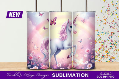 Pink Unicorn In A Butterfly Meadow Tumbler Png Sublimation Regulrcrative 