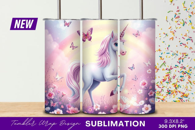 Pink Unicorn In A Butterfly Meadow Tumbler Png Sublimation Regulrcrative 