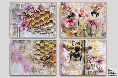 Pink Vintage Bees Digital Junk Journal Pages Digital Pattern Fine Purple Elephant Creations 