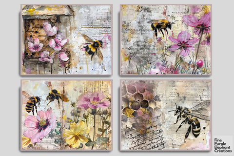 Pink Vintage Bees Digital Junk Journal Pages Digital Pattern Fine Purple Elephant Creations 