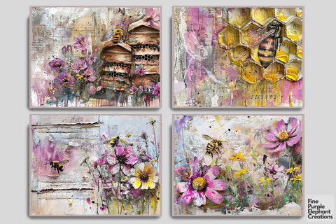 Pink Vintage Bees Digital Junk Journal Pages Digital Pattern Fine Purple Elephant Creations 