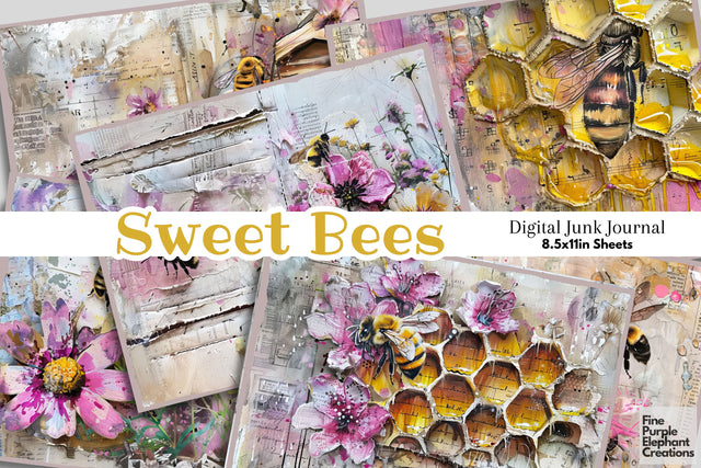 Pink Vintage Bees Digital Junk Journal Pages Digital Pattern Fine Purple Elephant Creations 