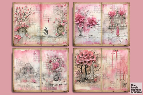 Pink Vintage Floral | Junk Journal Pages Digital Pattern Fine Purple Elephant Creations 