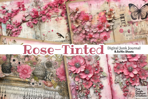 Pink Vintage Floral | Junk Journal Pages Digital Pattern Fine Purple Elephant Creations 