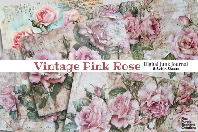 Pink Vintage Roses Digital Junk Journal Pages Digital Pattern Fine Purple Elephant Creations 