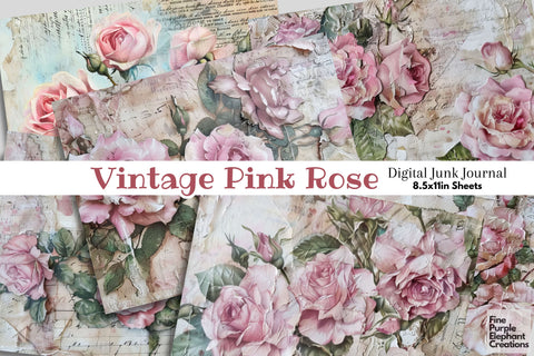Pink Vintage Roses Digital Junk Journal Pages Digital Pattern Fine Purple Elephant Creations 