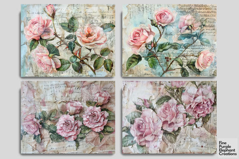 Pink Vintage Roses Digital Junk Journal Pages Digital Pattern Fine Purple Elephant Creations 