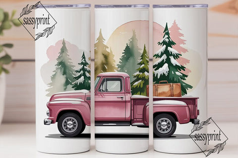 Pink Vintage Truck Christmas Tumbler Sublimation sassyprint 