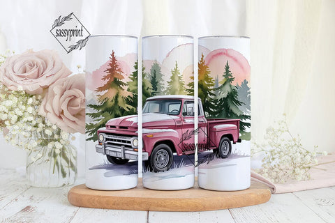 Pink Vintage Truck Christmas Tumbler Sublimation sassyprint 